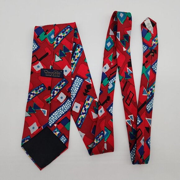 Oscar de la Renta Necktie Silk Holiday Geometric Red Green 61" L 3.75" W - Picture 4 of 6
